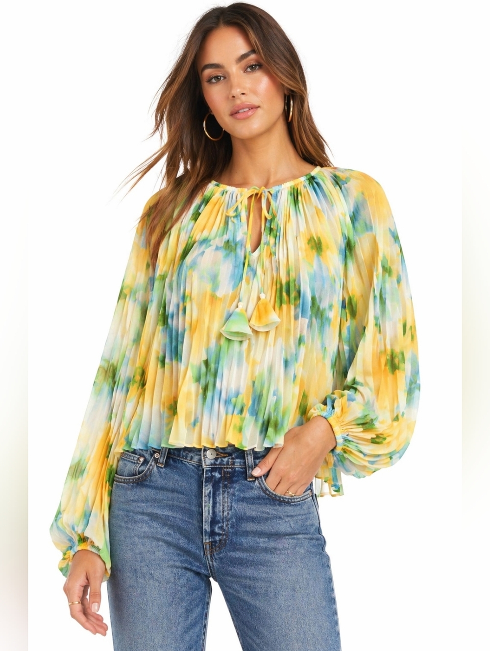 NWT $270 Misa Los Angeles Rina Top Citron Watercolor Pleated Tassel Blouse S